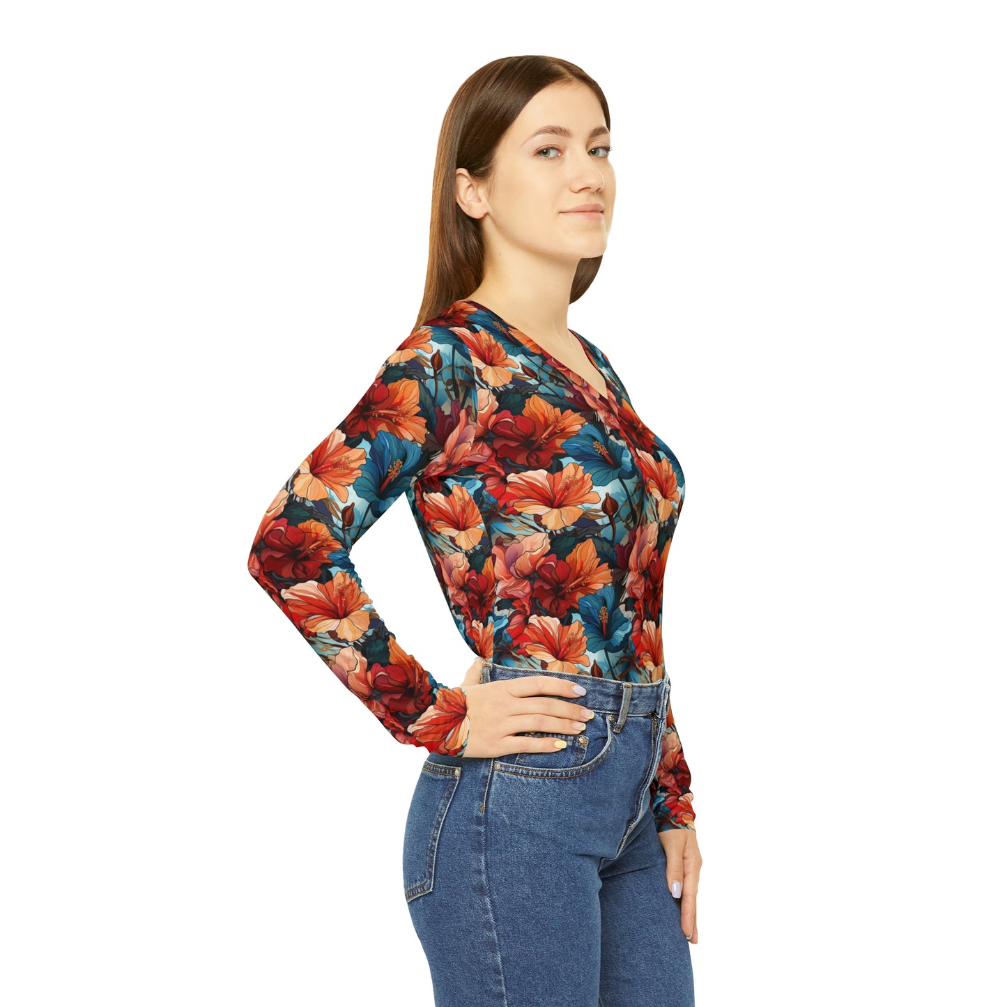 Hibiscus Women's Long Sleeve V-neck Shirt (AOP)