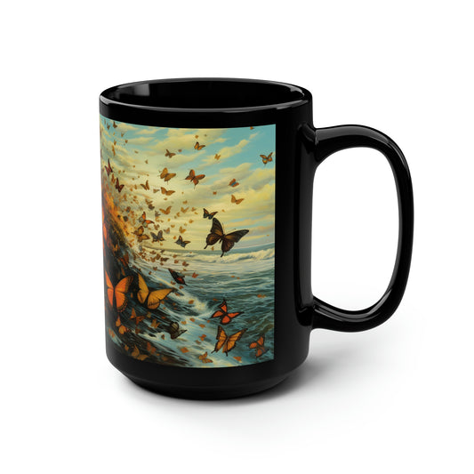 Waves and Butterflies Black Mug, 15oz