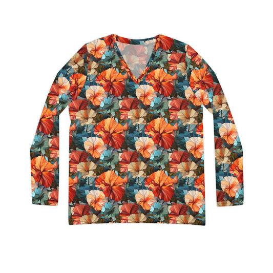 Hibiscus Women's Long Sleeve V-neck Shirt (AOP)