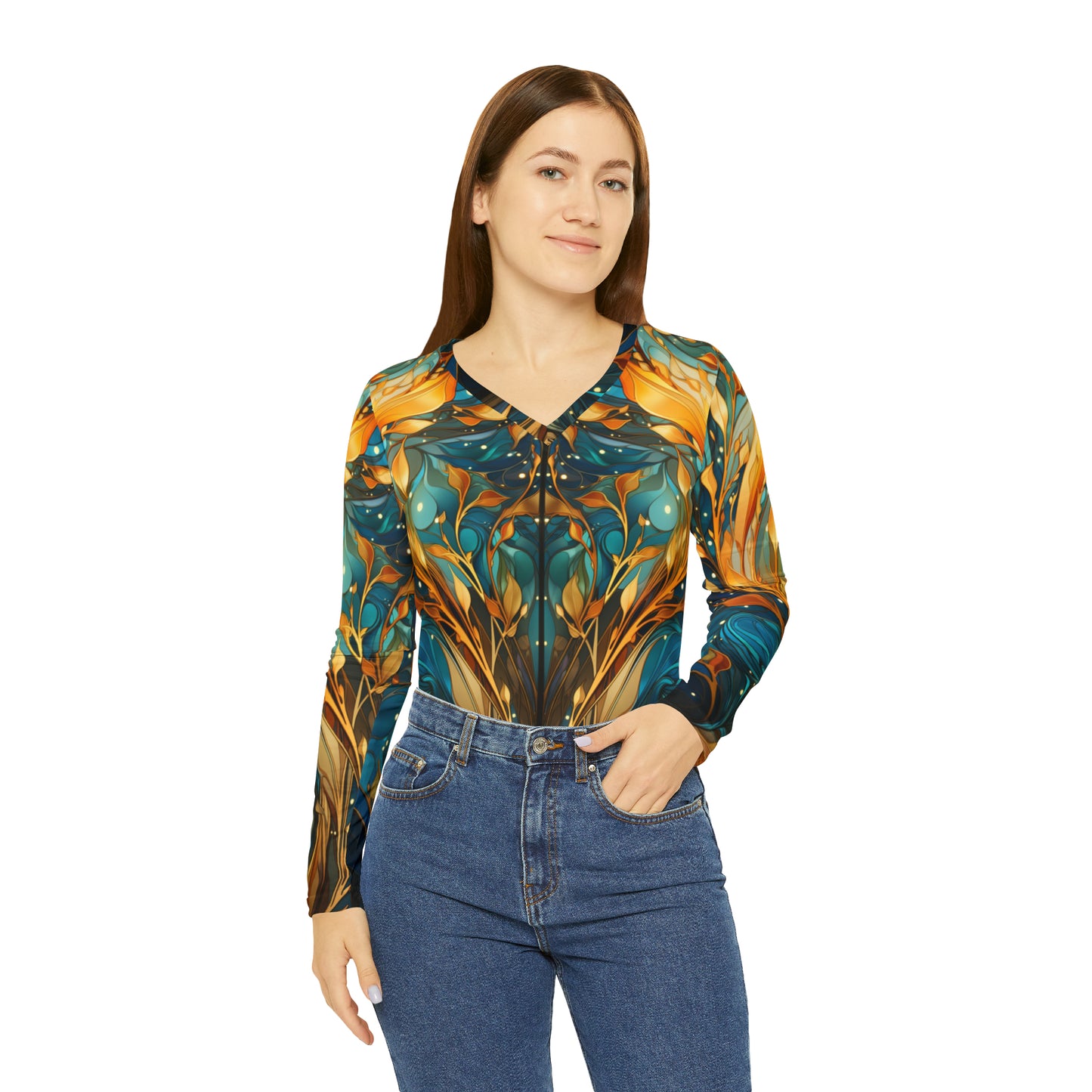 Kelp Mirror Women's Long Sleeve V-neck Shirt (AOP)