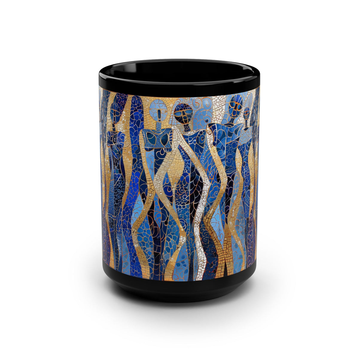15oz Black Mug — Blue & Gold Mosaic Women Art Ceramic Coffee Cup