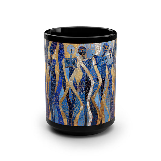 15oz Black Mug — Blue & Gold Mosaic Women Art Ceramic Coffee Cup