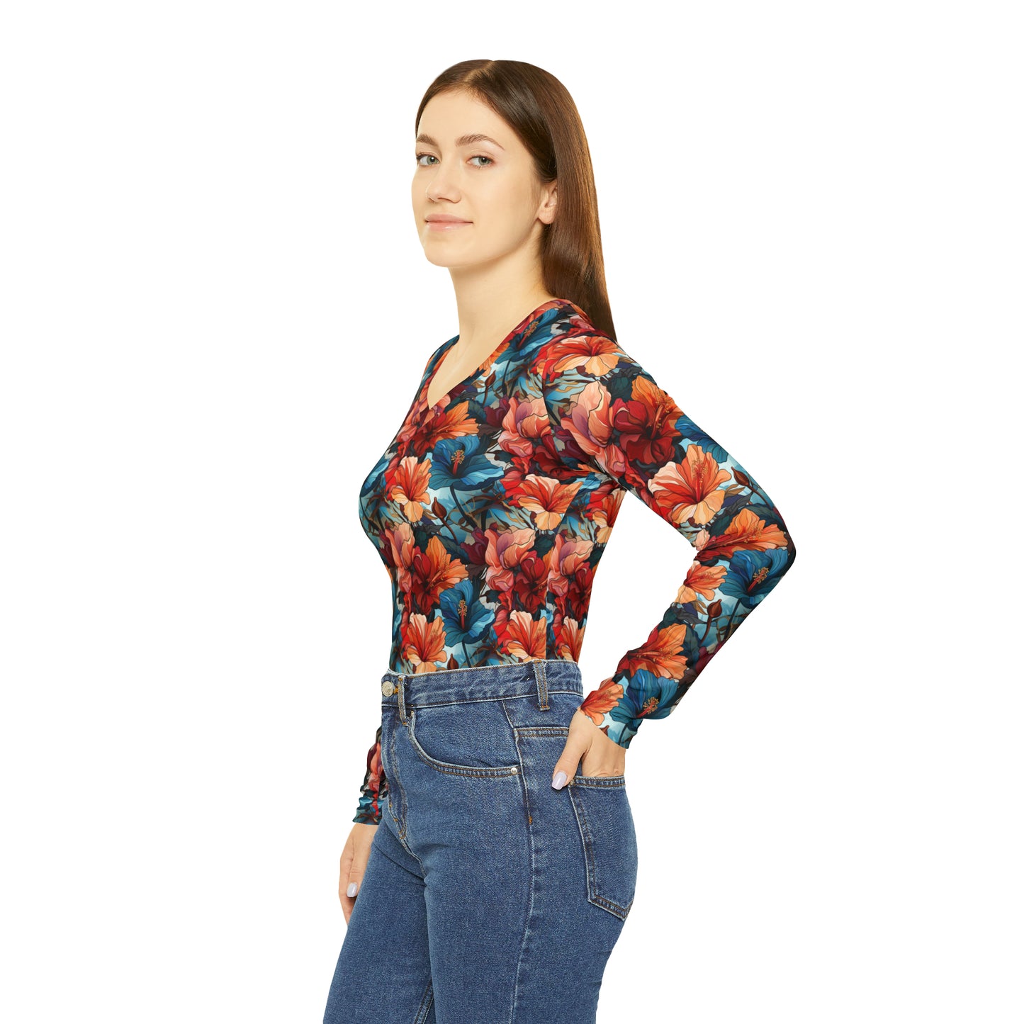 Hibiscus Women's Long Sleeve V-neck Shirt (AOP)