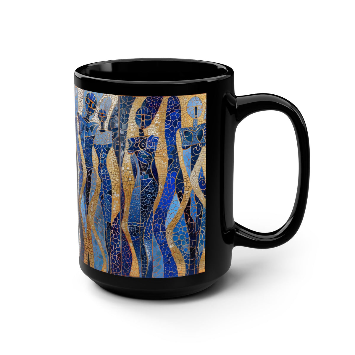 15oz Black Mug — Blue & Gold Mosaic Women Art Ceramic Coffee Cup