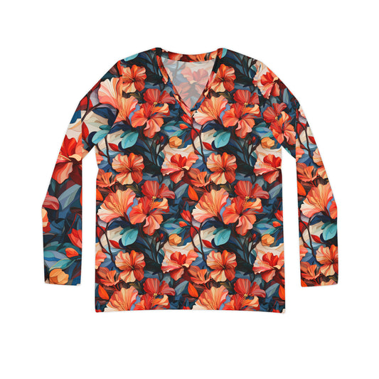 Hibiscus Women's Long Sleeve V-neck Shirt (AOP)