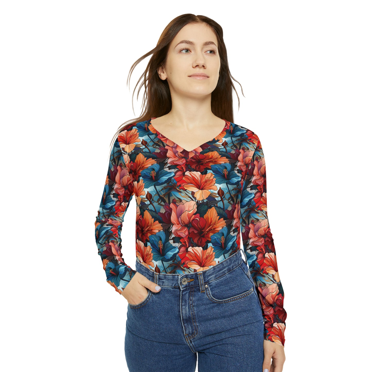 Hibiscus Women's Long Sleeve V-neck Shirt (AOP)