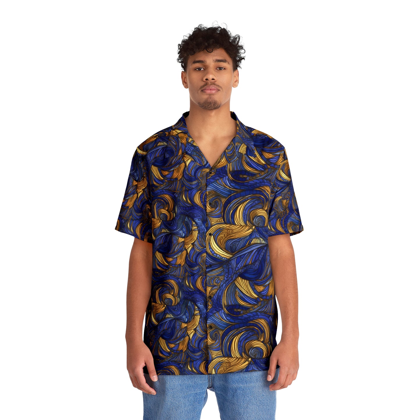 Gold and Lapis Swirls Men's Hawaiian Shirt (AOP)