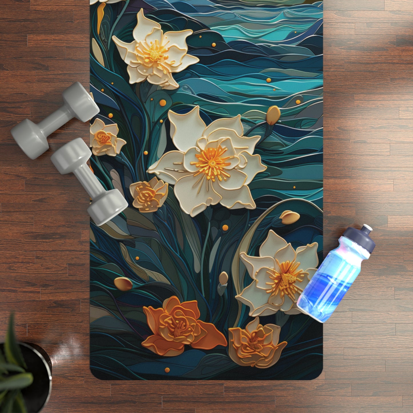 Waves and Daffodils Rubber Yoga Mat