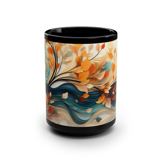 Waves and Leaves Black Mug, 15oz