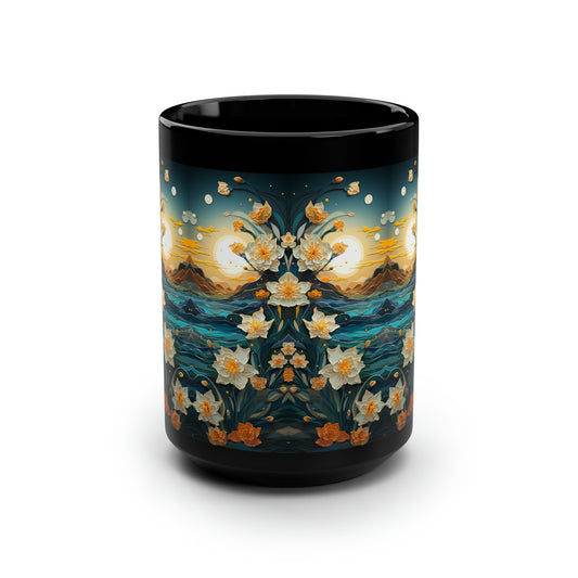 Waves and Daffodils Black Mug, 15oz