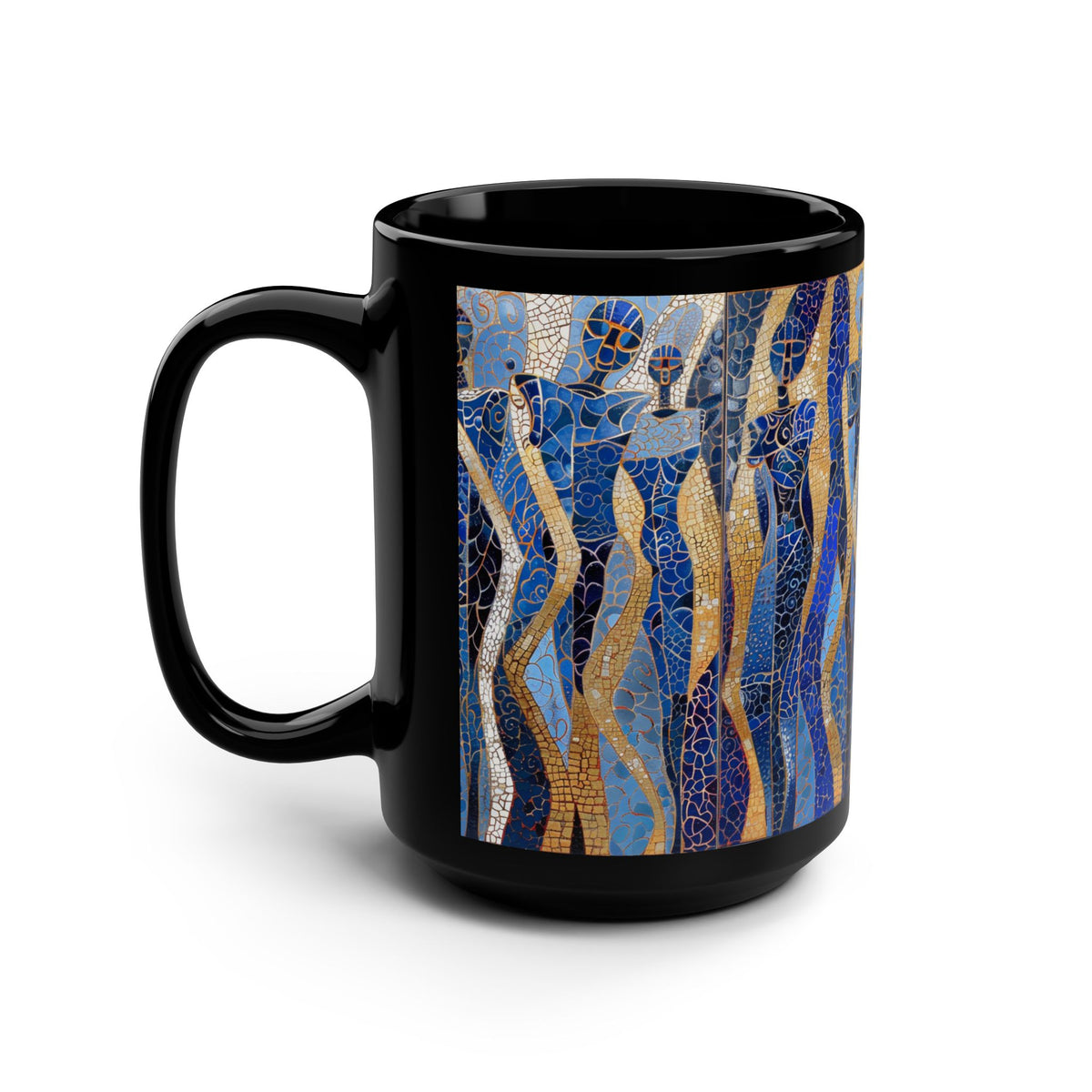 15oz Black Mug — Blue & Gold Mosaic Women Art Ceramic Coffee Cup