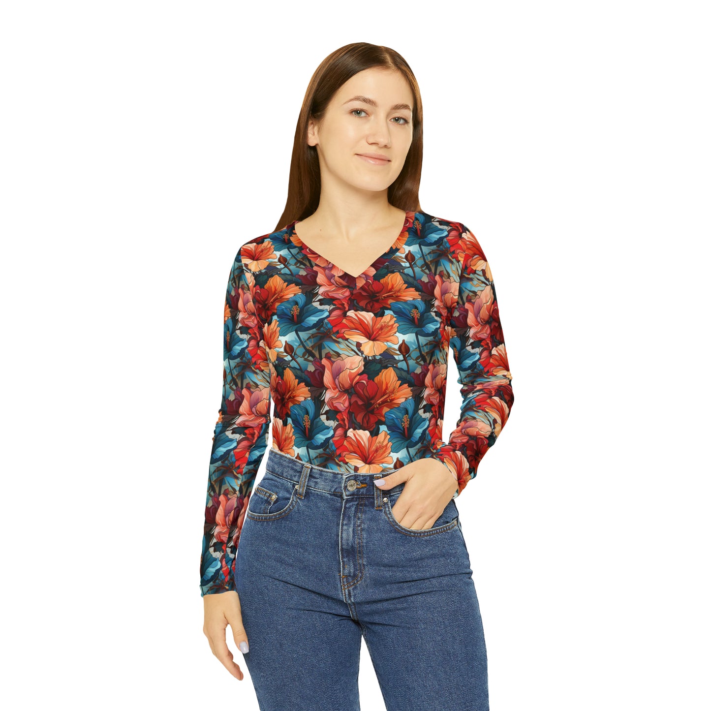 Hibiscus Women's Long Sleeve V-neck Shirt (AOP)