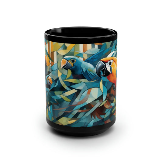 Cubist Macaws Black Mug, 15oz