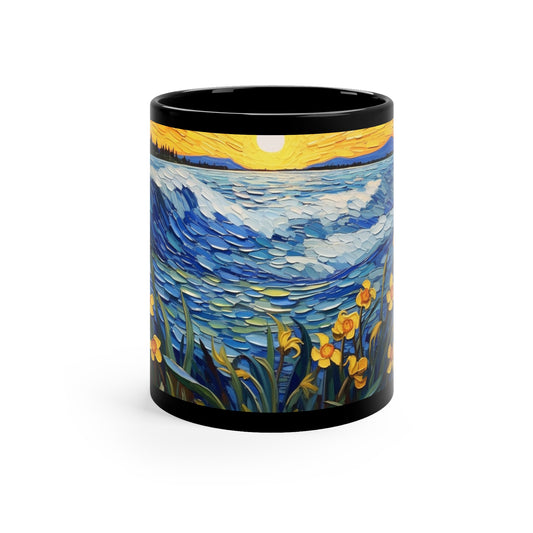 Waves and Daffodils 11oz Black Mug